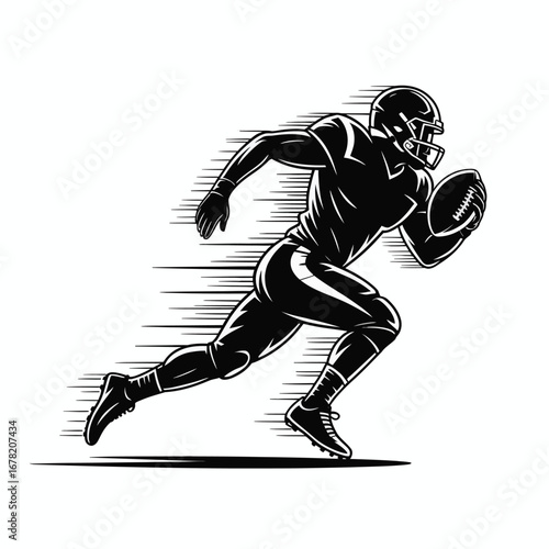 American Football Player Running with Ball Silhouette Illustration in Black and White Style for Sport Design and Athletic Concepts