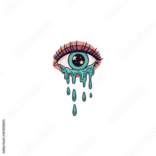 A stylized illustration of a weeping eye, cosmic pupil, teal tears.