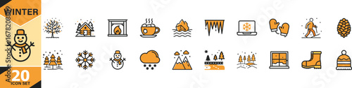 Collection of winter season icons featuring cozy home and outdoor activities graphics vector
