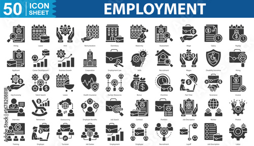 Employment Icon Set Collection. Containing hiring, leave, remuneration, dormitory, maternity, assessment, wage, salary, payday, applicant, career development Icon eps 10
