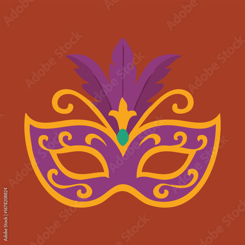Gold filigree masquerade mask with central purple plume