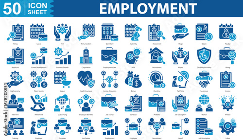 Employment Icon Set Collection. Containing hiring, leave, remuneration, dormitory, maternity, assessment, wage, salary, payday, applicant, career development Icon eps 10
