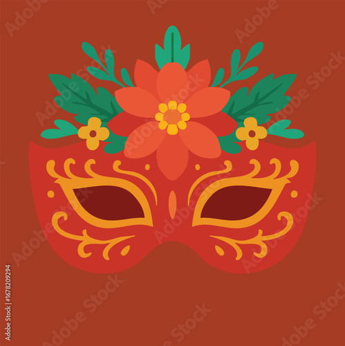 Floral masquerade mask with bouquet crown on chestnut