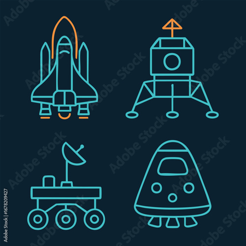 Space exploration line icons shuttle lander rover and capsule