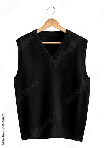 Black sleeveless sweater vest on hanger