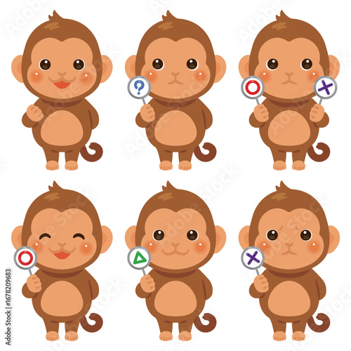 ○×△の札を持ったサルのキャラクターイラストセット