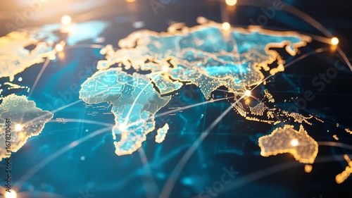 Aerial view of a digital world map with glowing connections, illustrating global networking. Perfect for a futuristic video concept. Live desktop wallpaper.