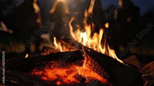 Cozy campfire illuminating a night gathering, radiating warmth and light outdoors, campfire, fire, warmth, night, gathering, flames, fiery, serene, getaway, wellbeing, community, exploration, glow, so