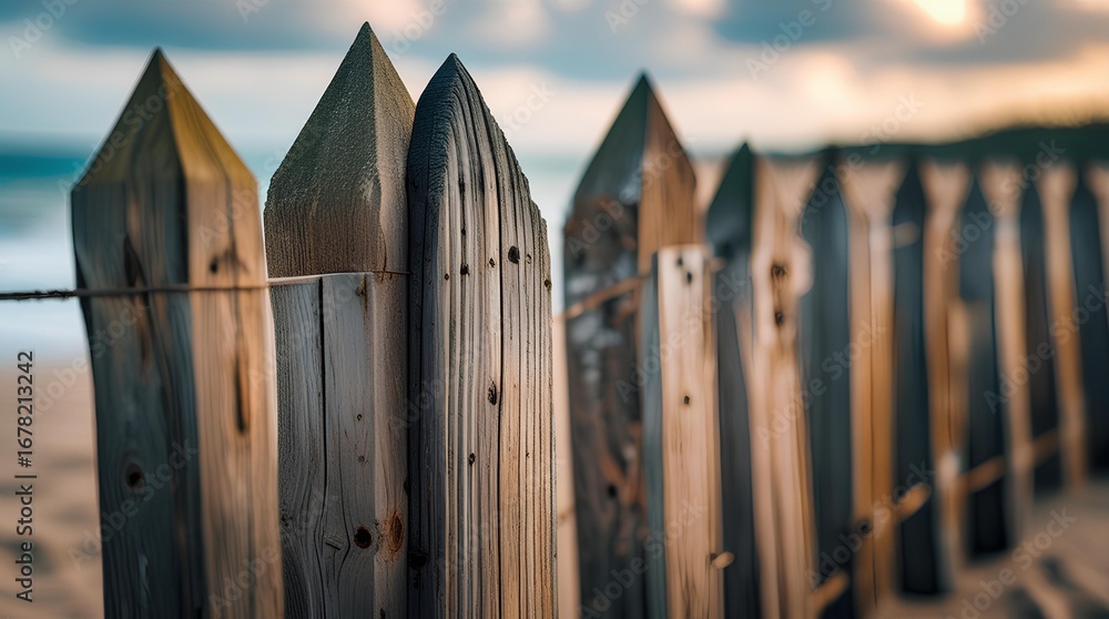 Fototapeta premium Close-up of a rustic wooden fence with pointed tops, captured in shallow depth of field