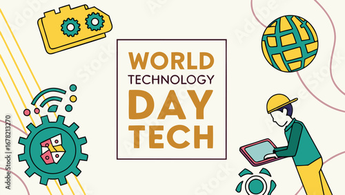 World Technology Day Tech:  Vibrant Illustrated Graphic Featuring a Technician Using a Tablet, Global Connectivity Icons, and Gears, Representing Innovation and Progress in a Cheerful, Modern Style.