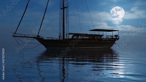 Serene sailing vessel glides on calm moonlit ocean waters at night