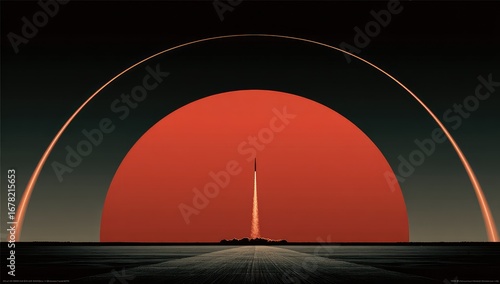 Rocket launch into a fiery red sun, arched trails