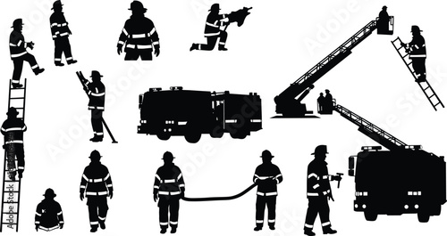 Firefighter silhouettes with fire trucks, climbing ladders, holding hoses, firefighting equipment, rescue operations, emergency response, safety gear, fire safety team action