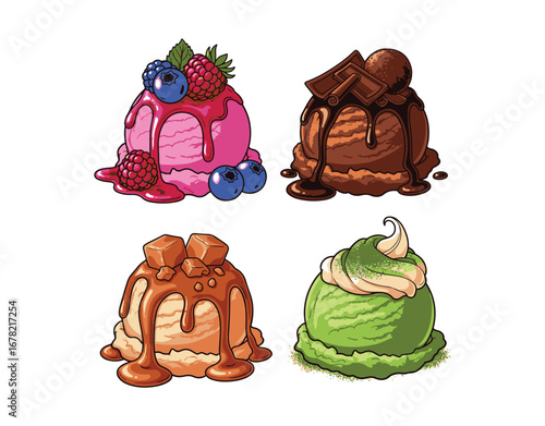 Delicious and vibrant vector illustration of ice cream. Ice cream featuring berries, chocolate, caramel, and matcha, set against a white background.