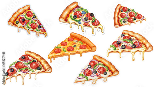 Mouthwatering pizza slices bursting with vibrant toppings and dripping with cheesy goodness, perfect for culinary inspiration and food promotions.