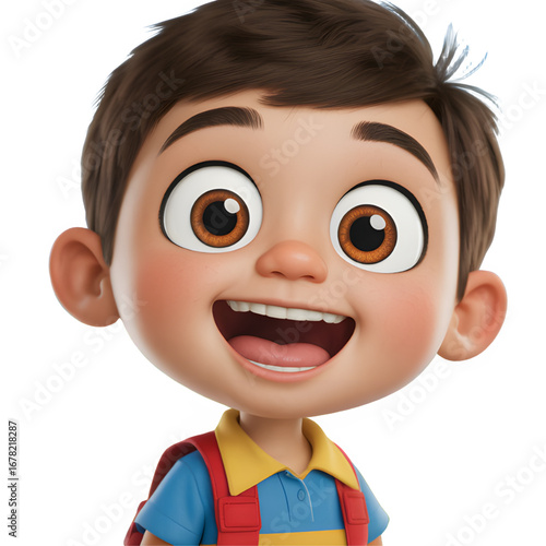 Cheerful cartoon boy with backpack smiling widely showing teeth against