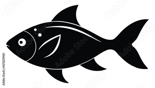 Black and white illustration of a fish with detailed fins and tail