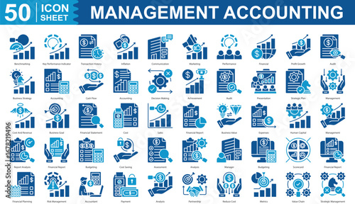 Management Accounting Icon Set Collection Concept With Icon Of benchmarking, key performance indicator, transaction history, inflation, communication, marketing, performance editable stroke eps 10