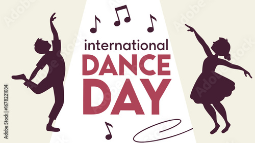 Silhouette of a man and woman joyfully dancing, celebrating International Dance Day; elegant, stylized vector illustration; vibrant, energetic mood.