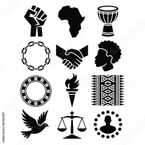 Black and white cultural heritage vector pack with raised fist, Africa map, drum, unity handshake, broken chain, dove, scales, banner, and community circle