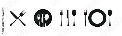Elegant restaurant icons. A collection of black cutlery and plate silhouettes on a white background, including a crossed fork and knife. Perfect for menus, logos, food apps, and kitchen-themed