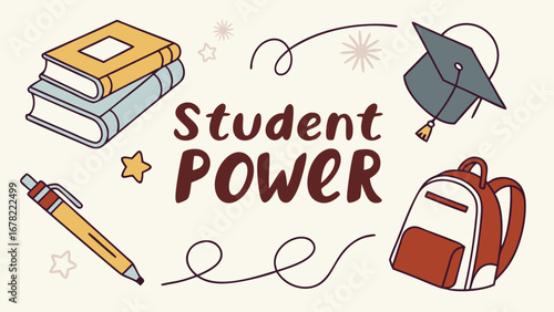 Upbeat Student Power Illustration: Books, Backpack, Graduation Cap, Pen;  Hand-drawn Style;  Motivational and Playful Vibe for Education Marketing.
