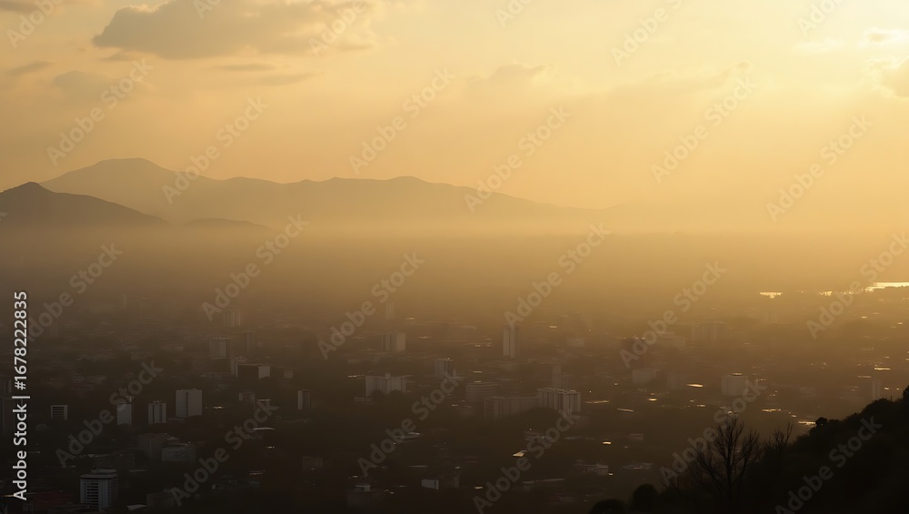 Obraz premium Misty Cityscape at Sunset with Mountains and Golden Light
