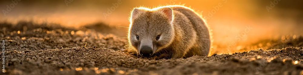 Fototapeta premium A wombat digging in golden hour light, fur details sharp, earthy background