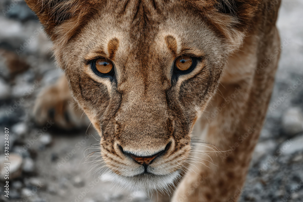 Fototapeta premium Majestic lioness walking toward the camera in a natural habitat