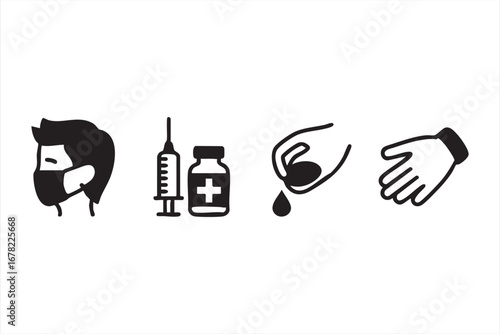 Medical safety icons set with face mask vaccine syringe sanitizer and gloves