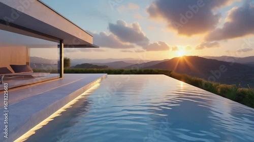 Modern luxury villa infinity pool overlooking serene mountain sunset.