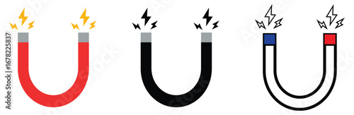 magnet icon. horseshoe magnet with magnetic field icon symbol. magnet with electric lightning icon. vector illustration and transparent PNG