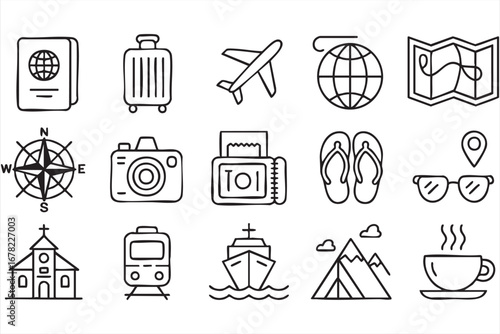 Holiday trip icon collection with map globe camera and transportation symbols