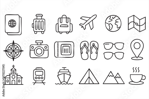 Travel icons vector set with vacation elements like passport luggage and airplane