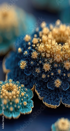 Wallpaper Mural Close-up of intricate, fractal-like organisms in shades of gold and teal-blue, appearing layered and textured on a dark background Torontodigital.ca