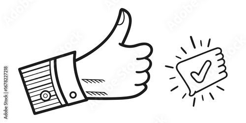 Minimalist thumbs-up icon, like sign symbol, approval gesture, black outline on white background, clean vector illustration