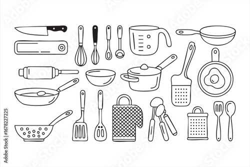 Cooking utensil collection with pot pan knife whisk spatula and grater