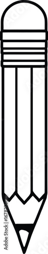 Black-and-white line drawing of vertical pencil with eraser and sharpened tip for education, writing, and creative design themes
