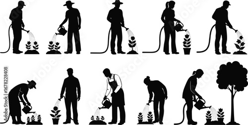 Silhouettes of people gardening, watering plants, using hose, caring for flowers, garden maintenance, eco-friendly lifestyle, nature care, farming tools