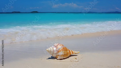 Stunning seashell rests on pristine beach as gentle waves wash ashore