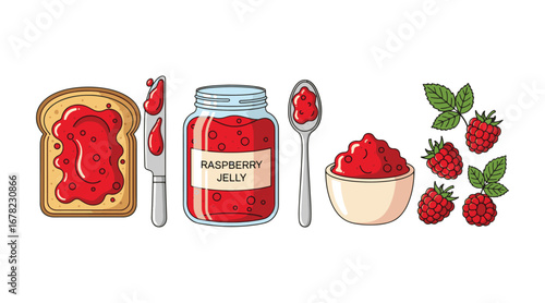 Raspberry jam has been prepared. Confiture is spread on a slice of toast, accompanied by a knife, a glass jar filled with jelly, a spoon, a bowl, and fresh red berries, all isolated