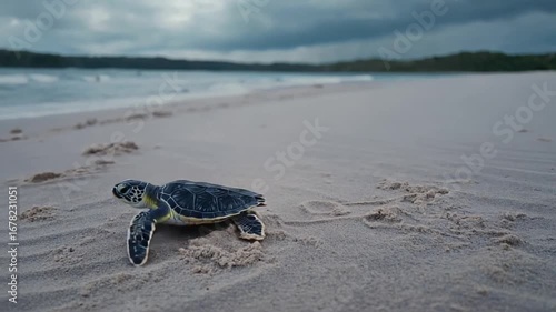 Tiny sea turtle bravely crawls across sandy beach towards ocean waves