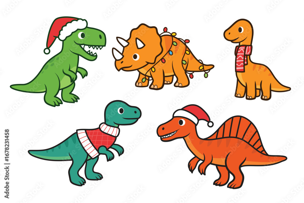 Fototapeta premium Christmas dinosaur sticker vector clipart