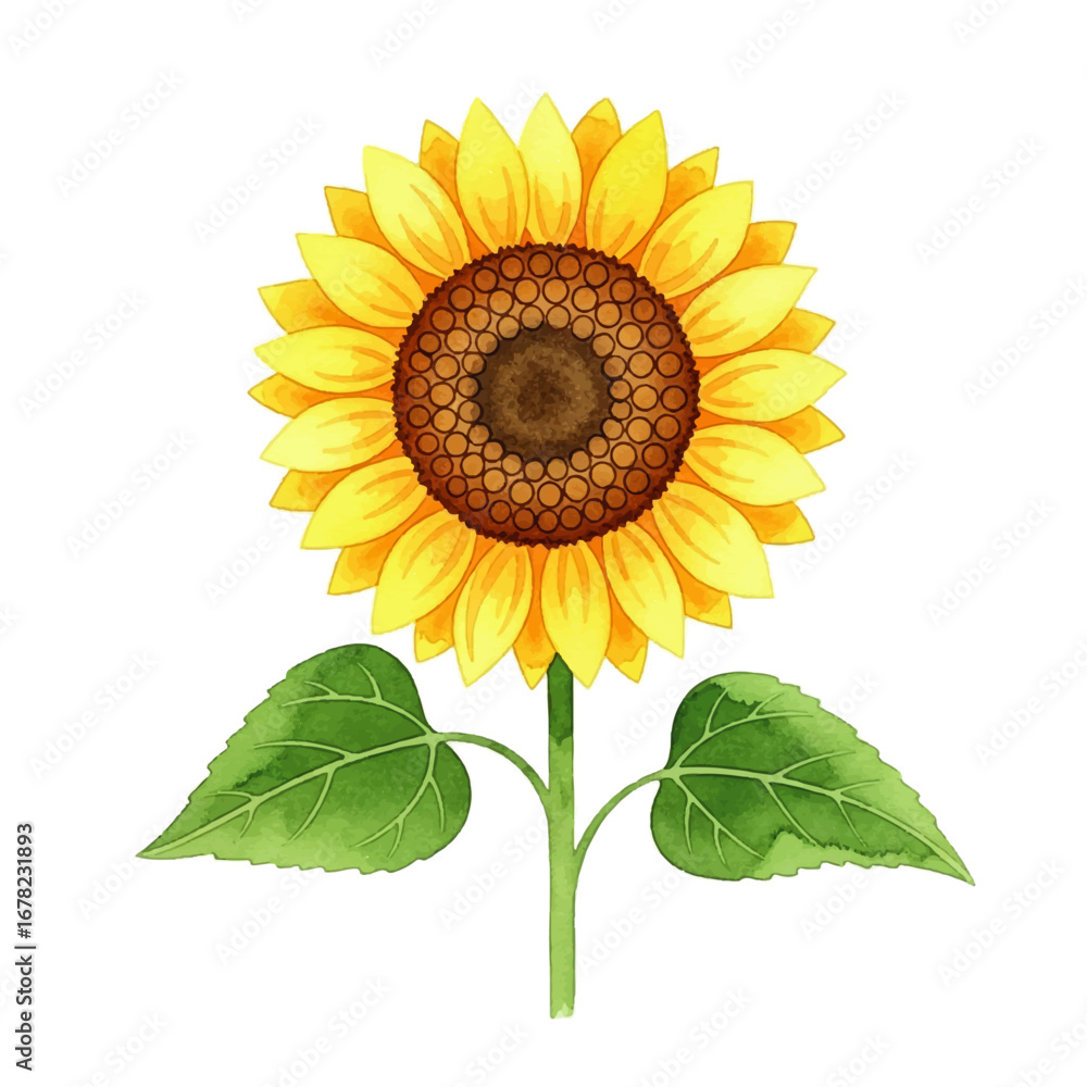 Fototapeta premium Vibrant watercolor illustration capturing the sunny charm of a single sunflower, radiating natural beauty with its bright yellow petals and lush green leaves against a pristine white background