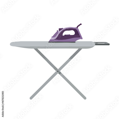 A flat vector illustration depicts a simple ironing board with a steaming iron in solid light grey and purple colors, cleanly isolated on a pure white background.