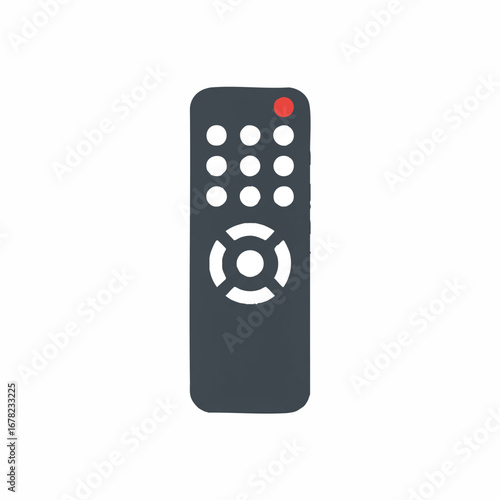 A minimalist flat vector illustration of a dark grey remote control with simple buttons, cleanly isolated on a pure white background, representing modern technology and effortless control.