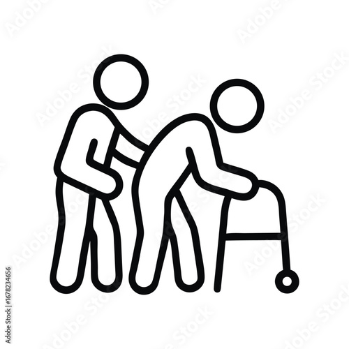 Icon of elderly care with caregiver assisting senior using walker depicting assistance and compassion in line art vector format