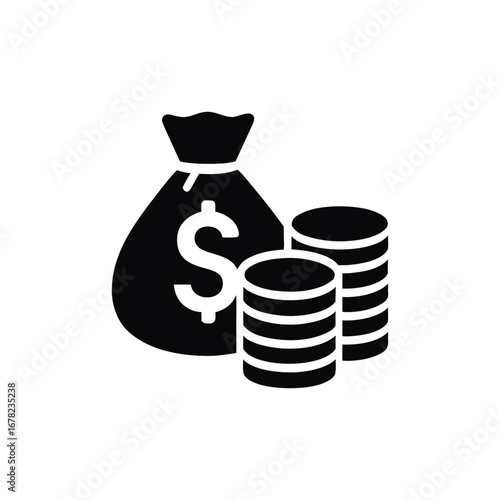 Money bag and coin stacks representing financial wealth savings investments and currency symbolizing prosperity economic success and monetary accumulation on a white background