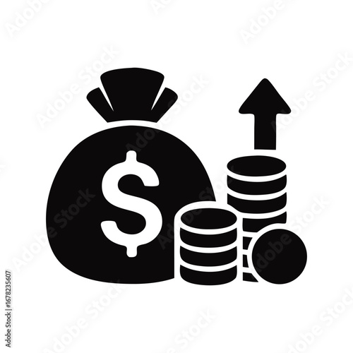 Money bag with dollar sign and stack of coins with upward arrow indicating financial growth and investment success