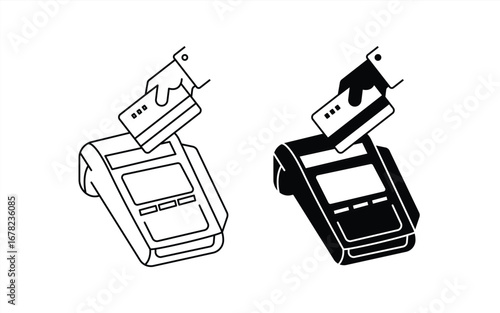 Contactless payment icon with credit card and POS terminal. Handheld credit card. Vector illustration